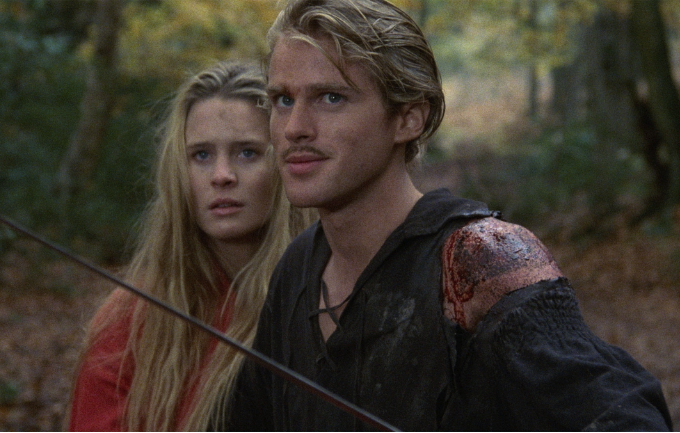 From the film, The Princess Bride. A man defending a woman with a jousting foil.